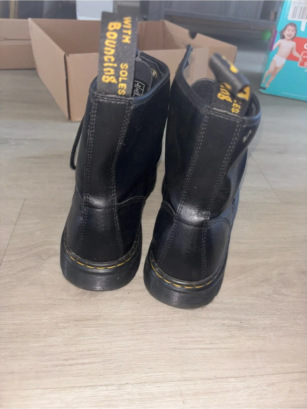 Dr. Martens Black Leather Lace-Up Combat Boots with Yellow Stitching. SIZE 42Eu